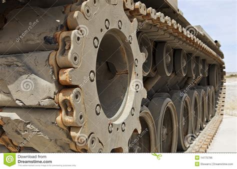 Tank Tracks And Steel Wheels Huge Green Panzer Stock Photo