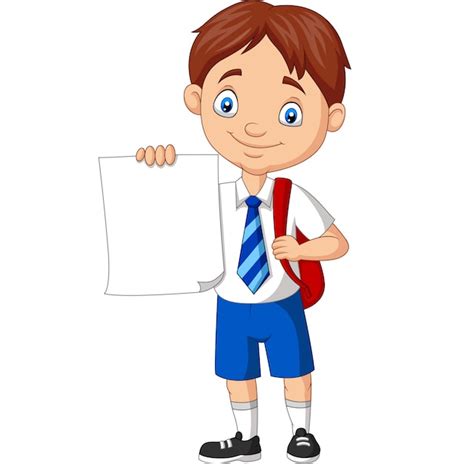 Premium Vector Cartoon School Boy In Uniform Holding Blank Paper