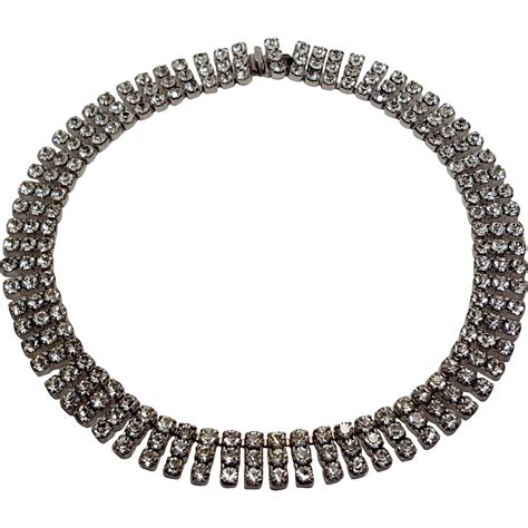 Vintage Pronged Rhinestone Three Row Bling Choker Necklace From