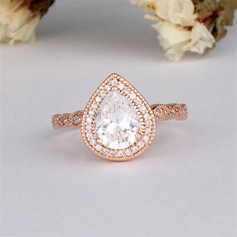 Rose Gold Pear Shaped Ring Pear Cz Halo Ring Half Eternity Etsy