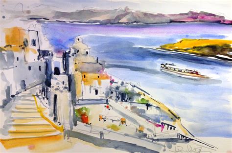 Santorini Greece Watercolor By Daniel Clarke