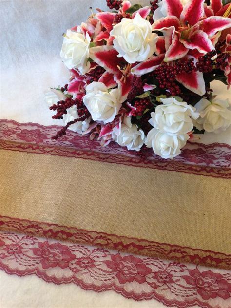 Burlap Table Runner Burgundy Red Wine Lace Wedding Table Etsy Lace