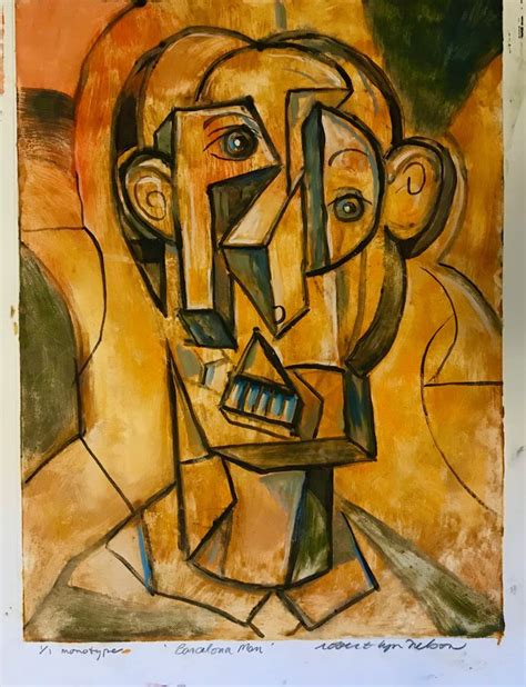Robertlynnelson Barcelona Man 2018 Monotype On Paper Cubism Oil
