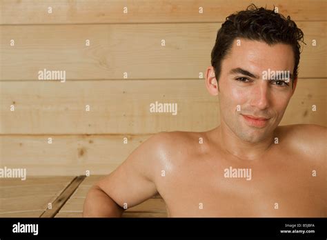 Portrait Of Man Relaxing In Sauna Stock Photo Alamy