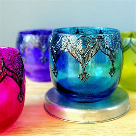 Frosted candleholder tumblers with gold rims, 3.25x2.75 in. Moroccan Wedding Votive Holder with Peacock Blue Glass and ...