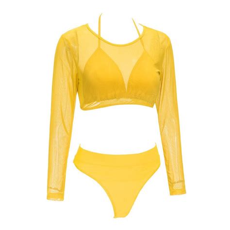 Bikini Women Solid Yellow 3 Pcs Swimsuit Long Sleeve Push Up Biquini