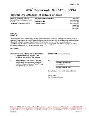 G706a1994 contractors affidavit of release of. Aia G706 - Fill Online, Printable, Fillable, Blank | PDFfiller