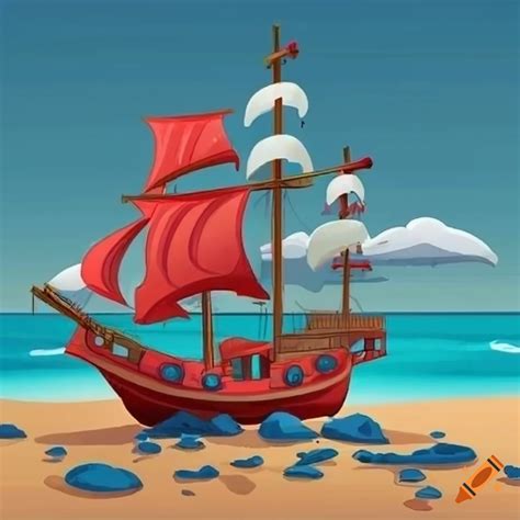 Cartoon Pirate Ship On The Beach On Craiyon