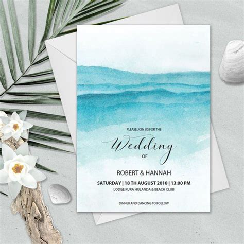 beach wedding invitation printable template blue water etsy beach theme wedding invitations