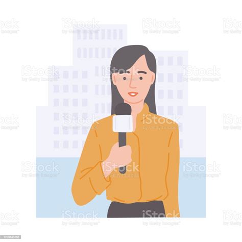 Female News Journalist With Microphone In Front Of City Buildings