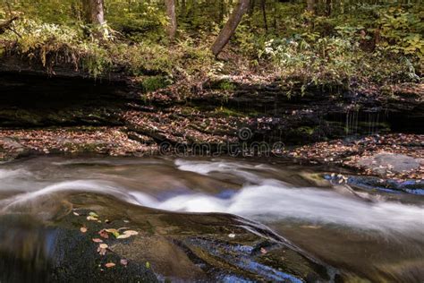 Falling Leaves In Bright Autumn Foliage Surrounds Rondout Creek Stock