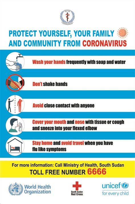 Avoid close contact, clean your hands often, cover coughs and sneezes, stay home if you're sick, and know how to clean and disinfect. Document - South Sudan: COVID-19 Prevention poster