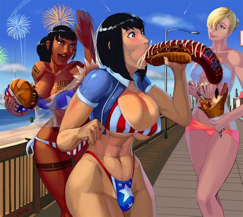 3girls Abs Aka6 America American Flag Bikini Bare Shoulders Bikini
