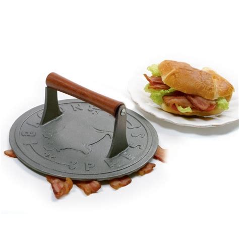 Norpro 9 Diameter Round Cast Iron Bacon Press With Wooden Handle
