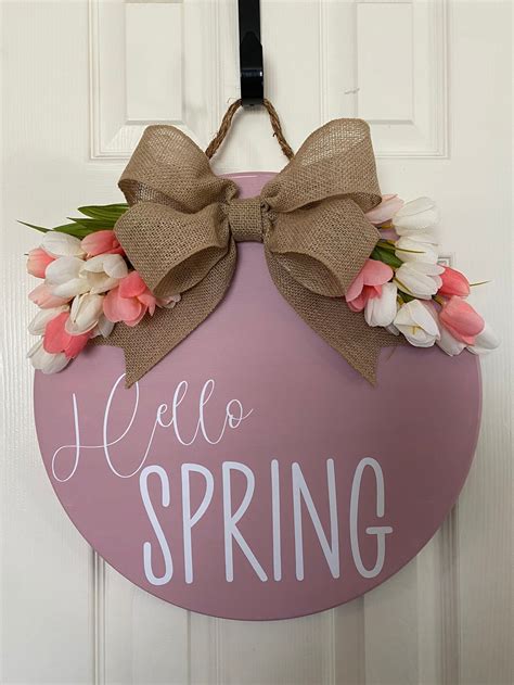 Hello Spring Door Hanger Round Wood Door Hanger Painted Etsy