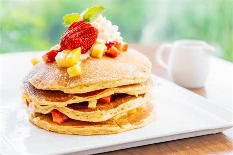 Stack Of Pancake With Strawberry On Top Stock Image Image Of Morning