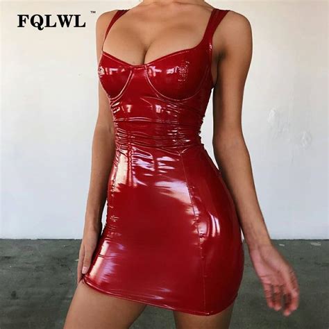 Fqlwl Faux Latex Pu Leather Dress Women Backless Wrap Mini