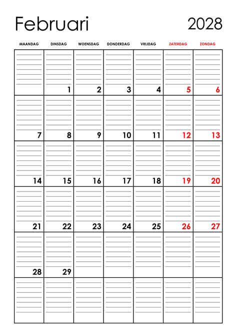 Lege Kalender Februari 2028