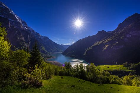 壁紙、スイス、山、湖、風景写真、lake Klontal Glarus、太陽、低木、自然、ダウンロード、写真