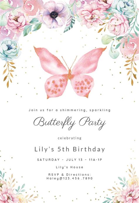 Pink Glitter Butterfly Birthday Invitation Template Free Greetings Island