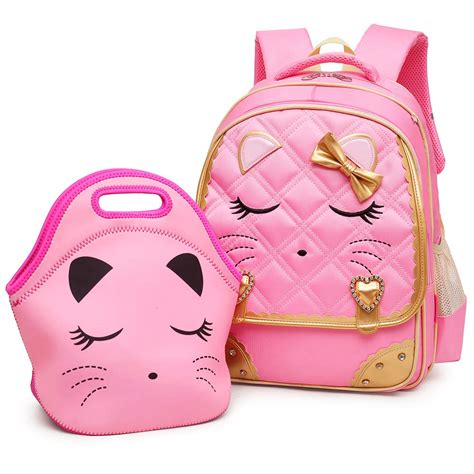 efree cute cat face bow diamond bling waterproof pink school backpack girls book bag large pink