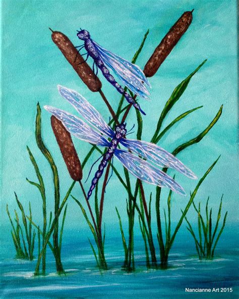 Dragonfly Art Blue Cattails Original Acrylic Painting