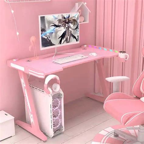 Pink Gaming Desk With Rgb Led Light For Girls Gamer Computer Tabe Girls