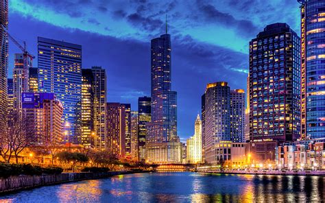 Chicago Illinois Usa City Night Skyscraper Buildings River