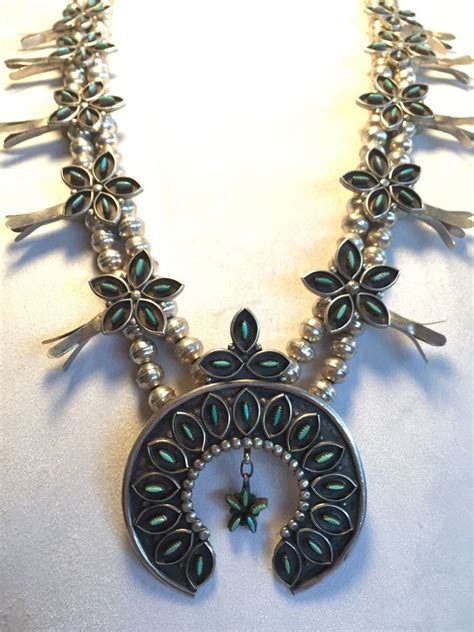 Vintage Zuni Sterling Silver And Turquoise Needlepoint Squash Blossom Necklace Squash Blossom