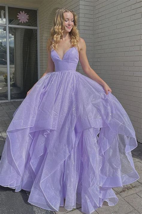 Shiny V Neck Fluffy Purple Long Prom Dress Long Purple Formal Evening Abcprom