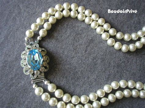 Pearl And Aquamarine Necklace Vintage Pearl Choker Aqua Blue Topaz Two Strand Bridal Pearls