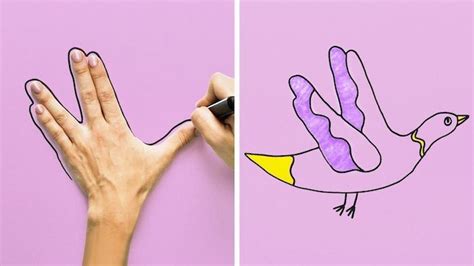 Hand Print Drawing Of A Flying Bird How To Draw Step By Step Purple