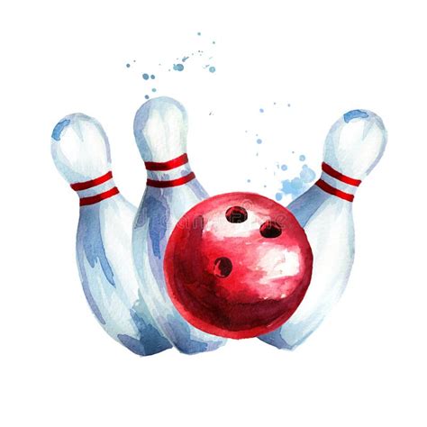Bowling Ball With Pins Watercolor Hand Drawn Illustration Isolated On