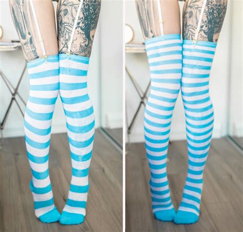 Blue Knee High Striped Socks Sexy Anime Cosplay Lewd Etsy