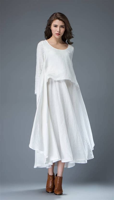 White Linen Dress Layered Flowing Elegant Long Sleeve Long Etsy White
