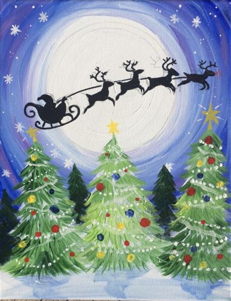 A Painting Of Santas Sleigh Flying Over Christmas Trees