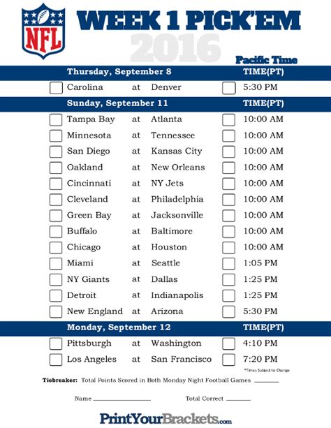 Printable Week 1 Nfl Schedule Customize And Print