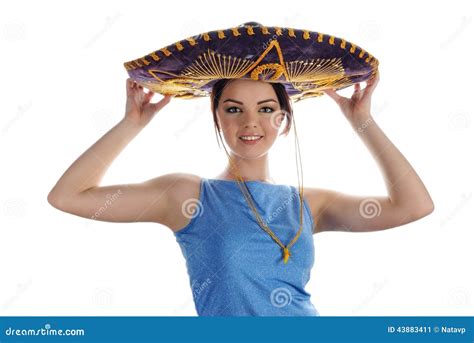 Young Smiling Girl Trying On Mexican Sombrero Stock Image Image Of