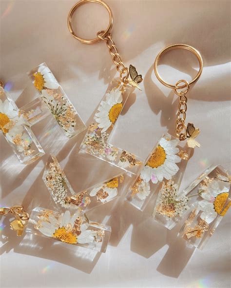 Resin Letter Keychain With White Flowers And Shiny Foil Etsy