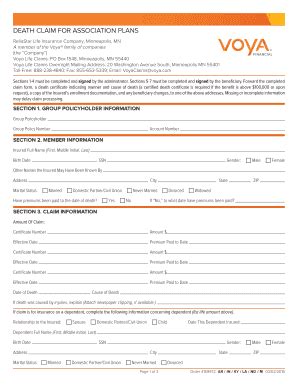 Check spelling or type a new query. Fillable Online DEATH CLAIM FOR ASSOCIATION PLANS - Voya Financial Fax Email Print - PDFfiller