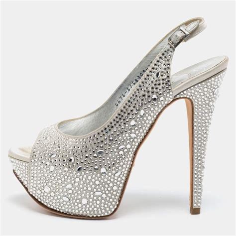 Gina Grey Crystal Embellished Satin Slingback Platform Peep Toe Sandals Size 385 Gina The