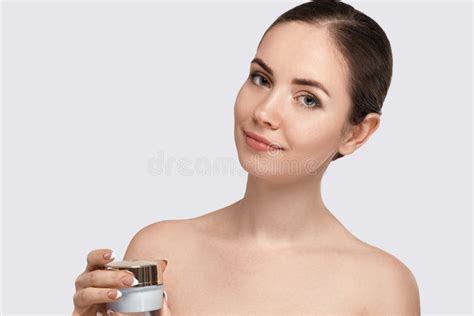 Skin Carebeautiful Young Woman With Clean Fresh Skin Holding Bottle Cream Beauty Face Care
