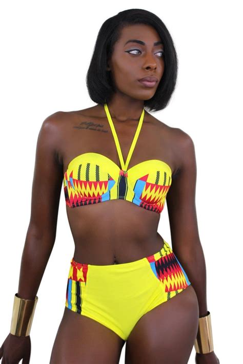 Kente African Print Swimwear 2 Pieces Bikini Yellow Red And Blue Afrilege