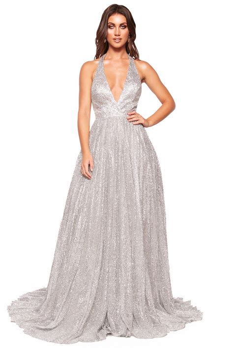 Aandn Luxe Saina Glitter Gown Silver Beautiful Prom Dresses Gowns
