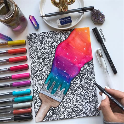 Rainbow Brush With Zentangle Patterns Original Hand Drawing Wall