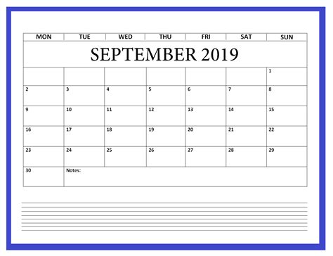 Blank September 2019 Calendar Printable Blank Calendar Template