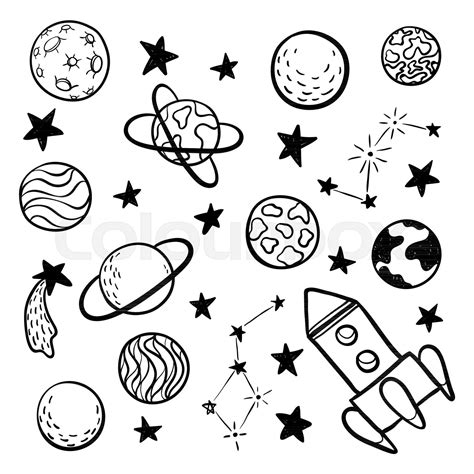 Big Set Of Hand Drawn Doodle Space Elements Space Rocket Star Planet