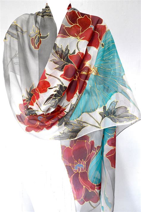 Hand Painted Silk Shawl Japan Scarf Kimono Silk Scarf Luna Etsy