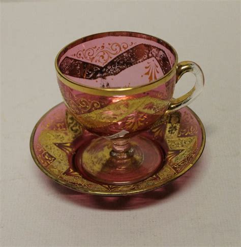 Antique Moser Signed Art Glass Cranberry Cup And Saucer With Gold Highlights Ebay Tea Cups