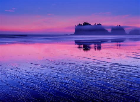 United States Washington Pacific Ocean Water Beach Rock Night Pink Sunset Clouds Blue Sky
